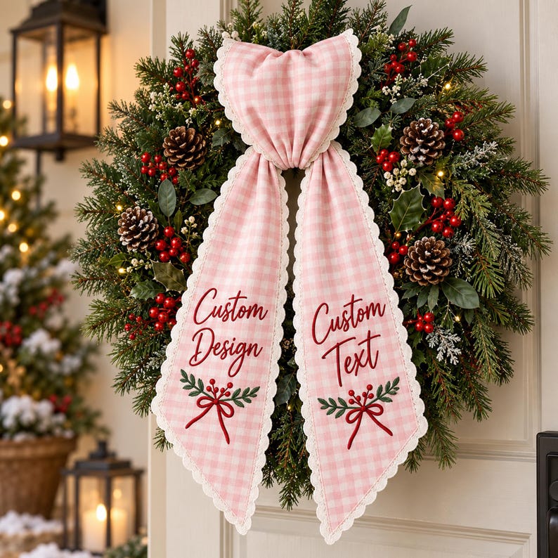 Custom Embroidered Wreath Sash with Monogram, Personalized Embroidered Holiday Bow, Door Decor for Any Occasion