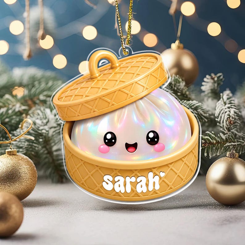 Personalized Dumpling Ornament with Name, Custom Kids Name Christmas Ornament, Cute Bamboo Steamer Ornament