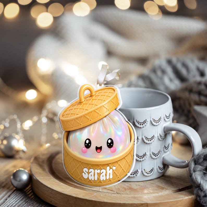 Personalized Dumpling Ornament with Name, Custom Kids Name Christmas Ornament, Cute Bamboo Steamer Ornament