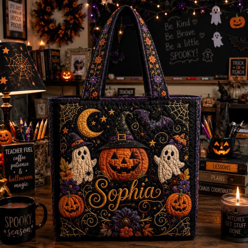 Custom Halloween Quilted Tote Bag, Personalize Pumpkin Ghost Witch Hat Bag, Spooky Floral Trick or Treat Tote