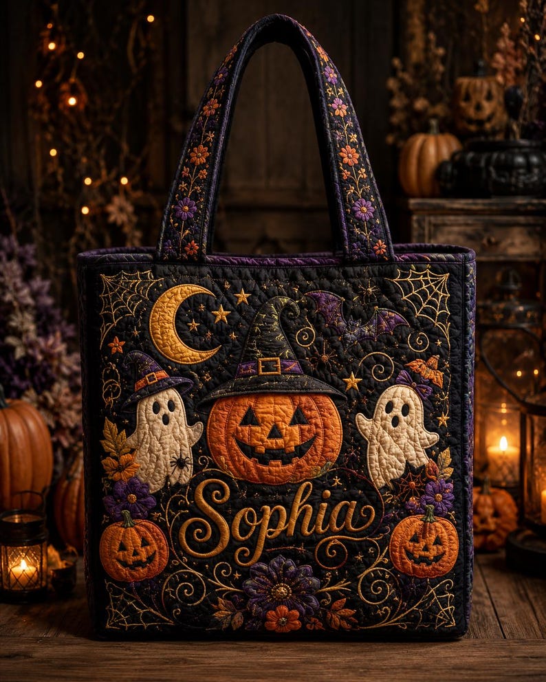 Custom Halloween Quilted Tote Bag, Personalize Pumpkin Ghost Witch Hat Bag, Spooky Floral Trick or Treat Tote