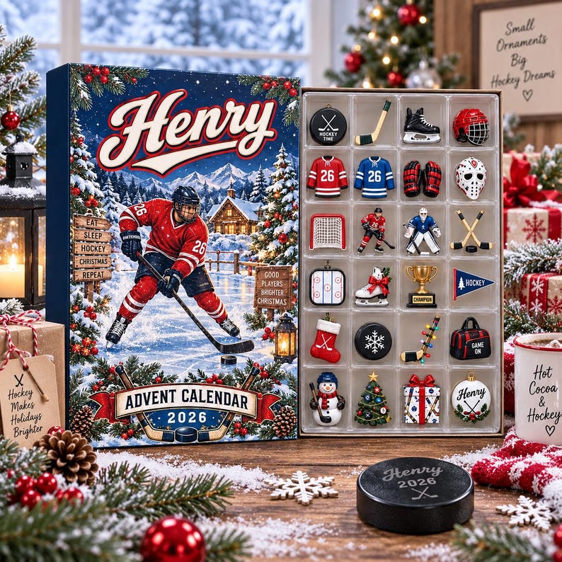 Personalized Hockey Advent Calendar, Custom Player Name Number, Christmas Countdown, Hockey Fan Keepsake