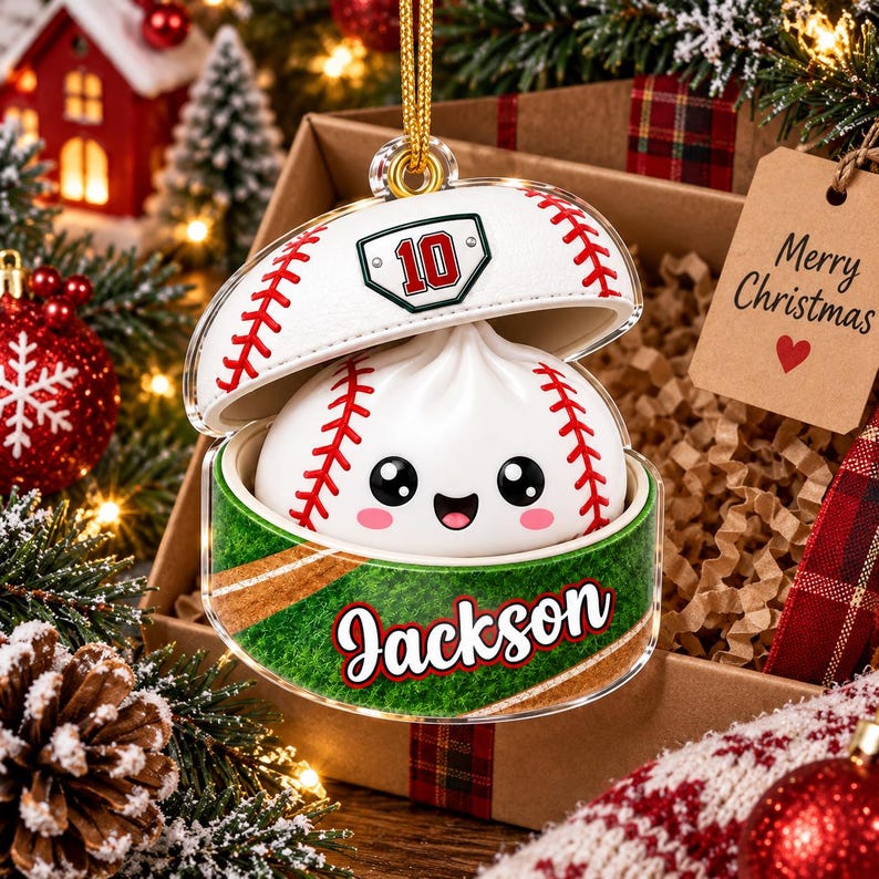 Personalized Baseball Dumpling Ornament, Glitter Squishy Keepsake, Custom Name & Number Keepsake