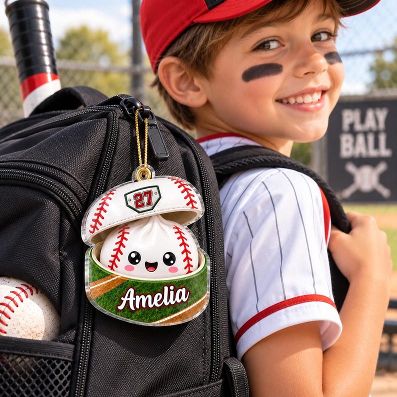 Personalized Baseball Dumpling Ornament, Glitter Squishy Keepsake, Custom Name & Number Keepsake