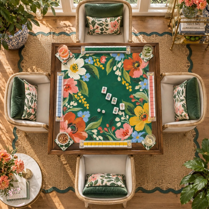 Emerald Poppy Mahjong Mat, Coral Floral Garden Forget Me Not Folk Art Playmat, American Mahjong Table Cover