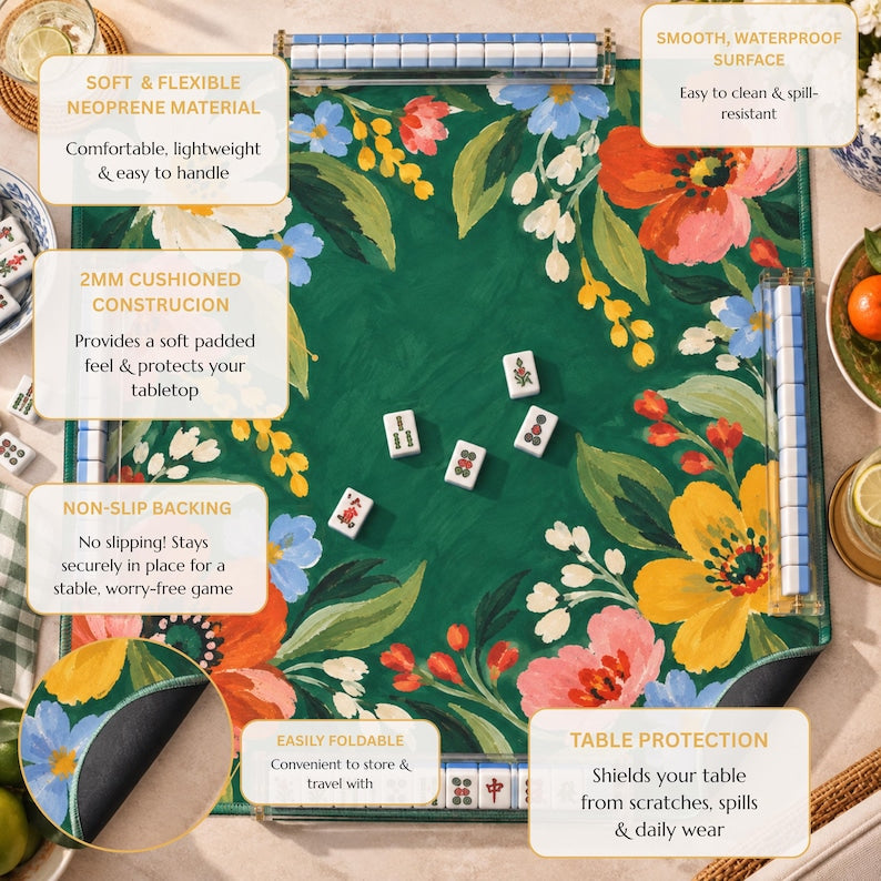 Emerald Poppy Mahjong Mat, Coral Floral Garden Forget Me Not Folk Art Playmat, American Mahjong Table Cover