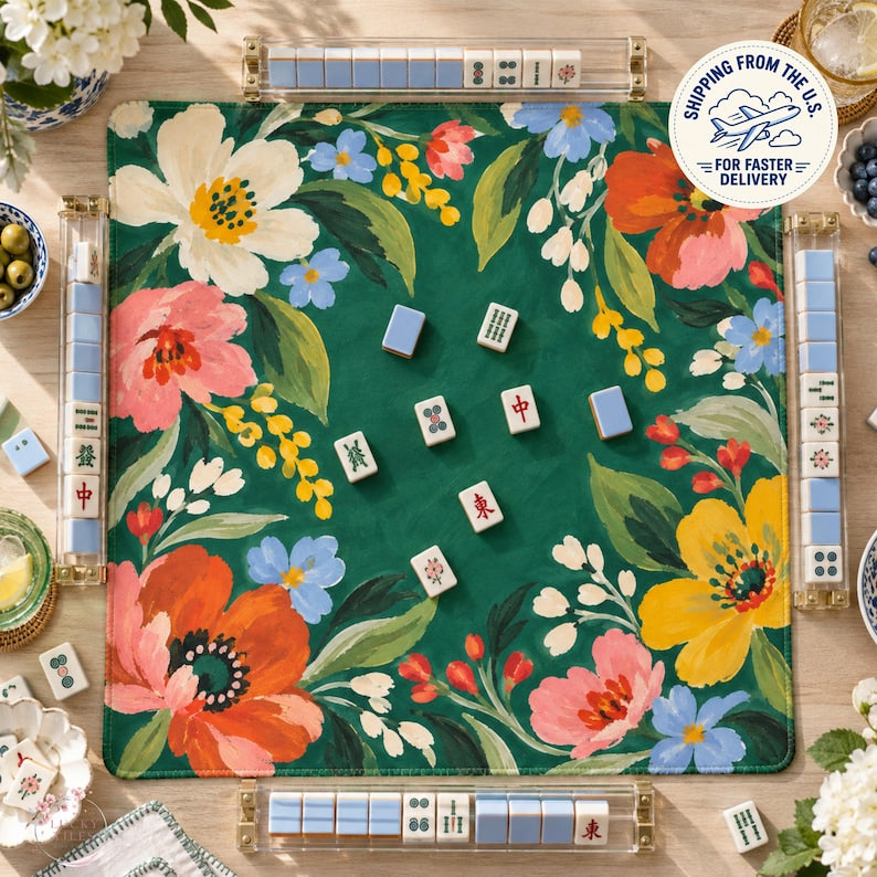 Emerald Poppy Mahjong Mat, Coral Floral Garden Forget Me Not Folk Art Playmat, American Mahjong Table Cover