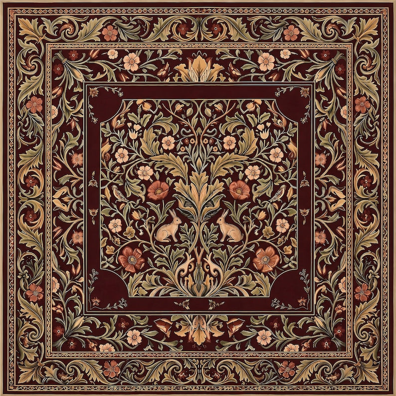 Vintage Botanical Rabbit Mahjong Mat, William Morris Style Floral Playmat, Extra Thick Nonslip Table Cover