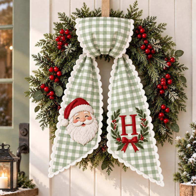 Custom Santa Claus Christmas Wreath Sash with Monogram, Personalized Embroidered Holiday Bow