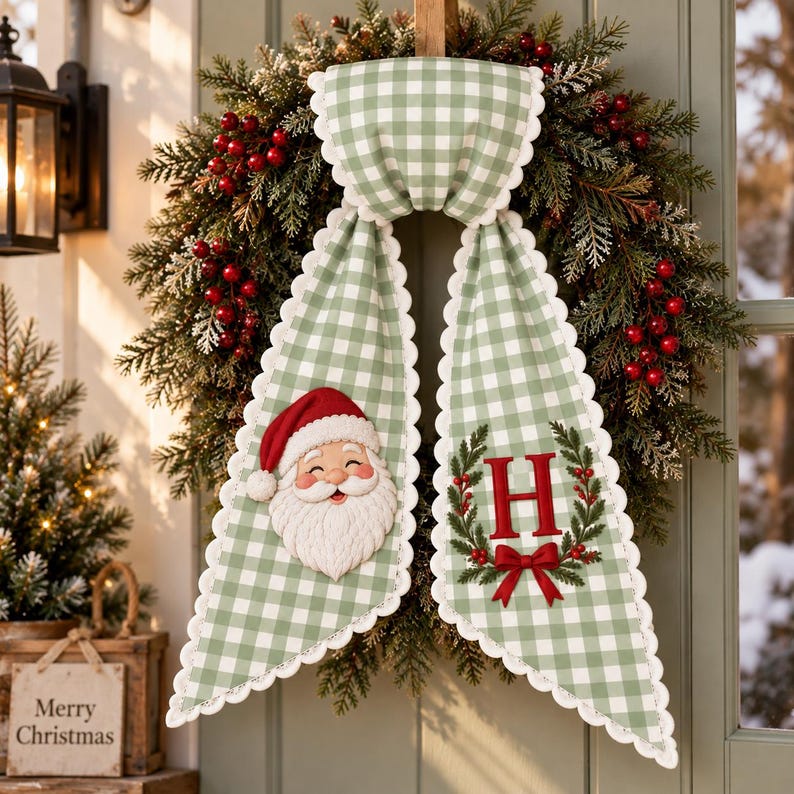 Custom Santa Claus Christmas Wreath Sash with Monogram, Personalized Embroidered Holiday Bow