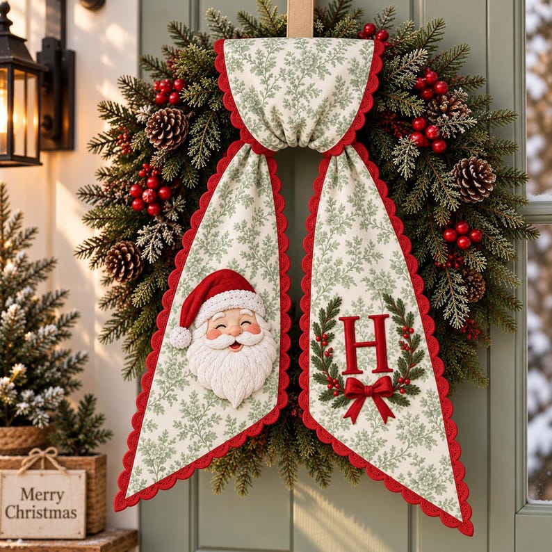 Custom Santa Claus Christmas Wreath Sash with Monogram, Personalized Embroidered Holiday Bow