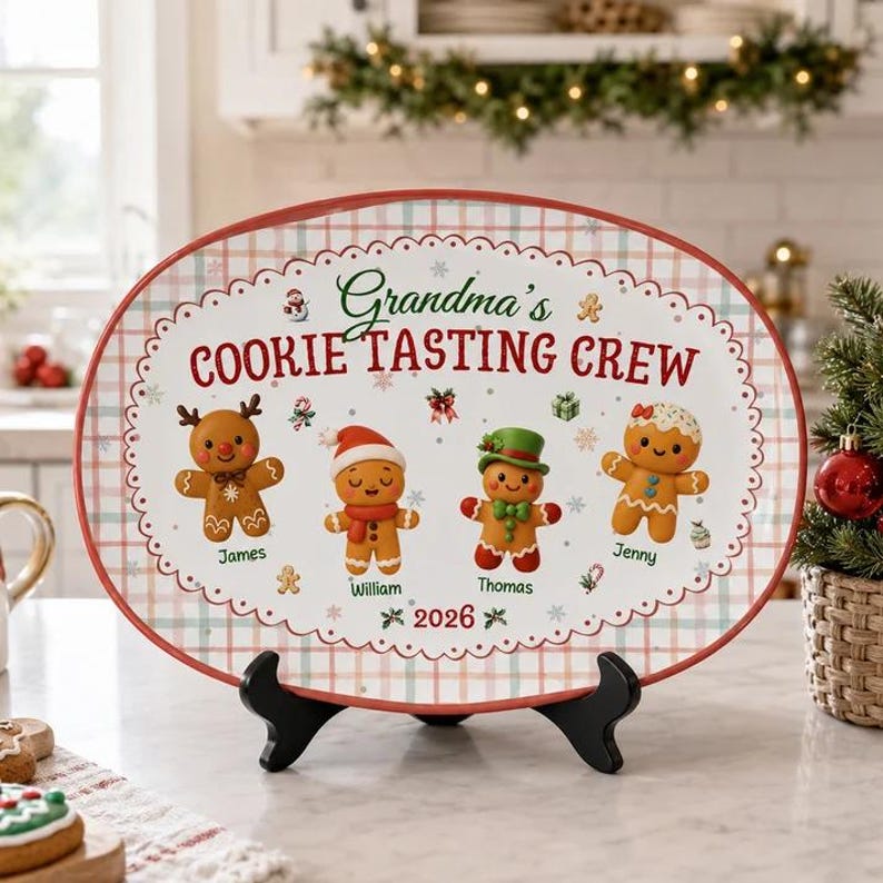 Custom Name Cookie Platter Grandma’s Official Tasing Crew, Personalized Gingerbread Christmas Plate, Grandkids Name Platter Gift