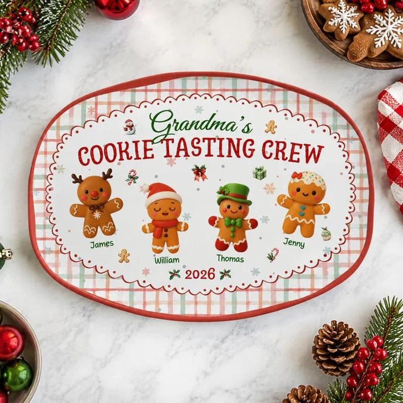 Custom Name Cookie Platter Grandma’s Official Tasing Crew, Personalized Gingerbread Christmas Plate, Grandkids Name Platter Gift