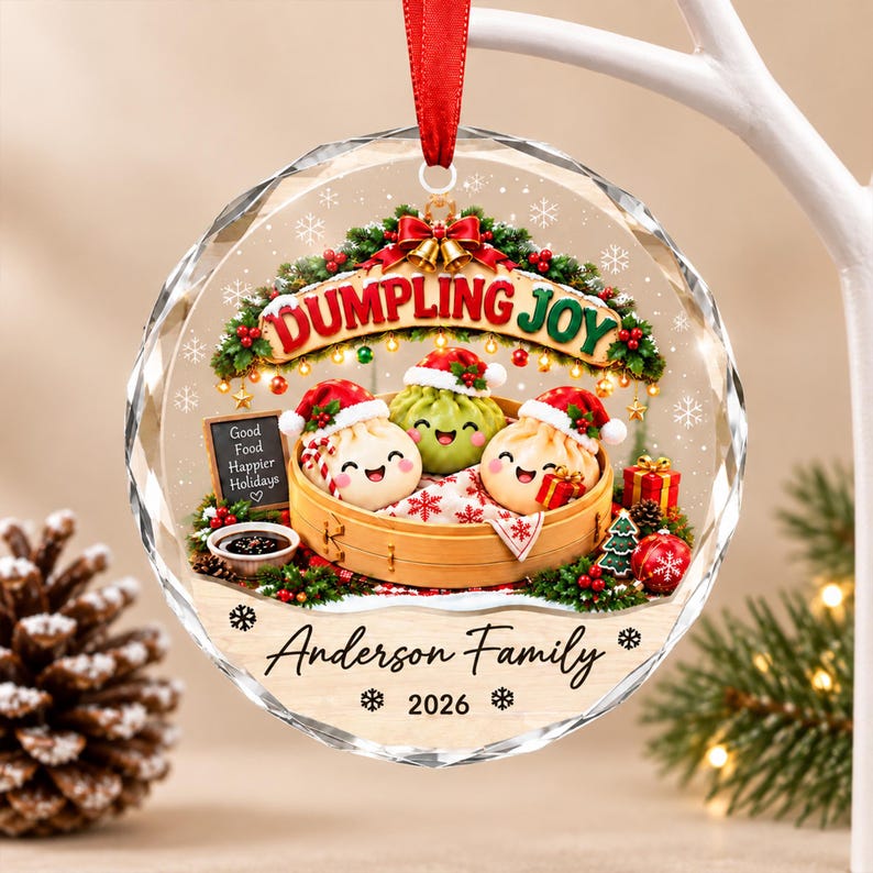 Personalized Dumpling Family Christmas Ornament, Custom Name Family Glass Ornament, Family Keepsake