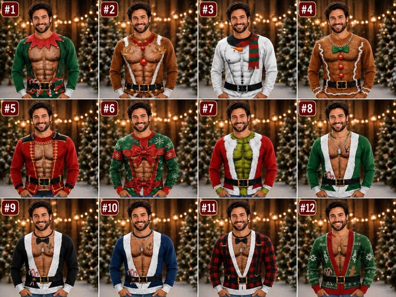 Personalize Abs Hairy Santa Ugly Sweater, Ugly Christmas Sweater, Funny Chest Xmas Shirt, Men's Holiday Party Gift
