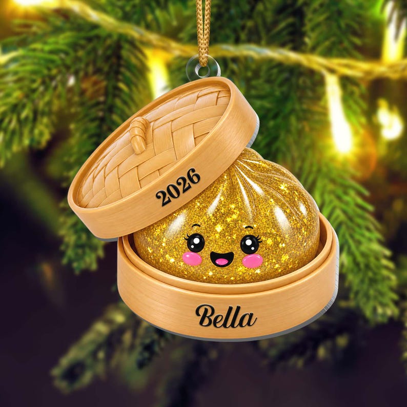 Personalized Faux Glitter Dumpling Ornament, Bamboo Steamer, 2026 Xmas Keepsake