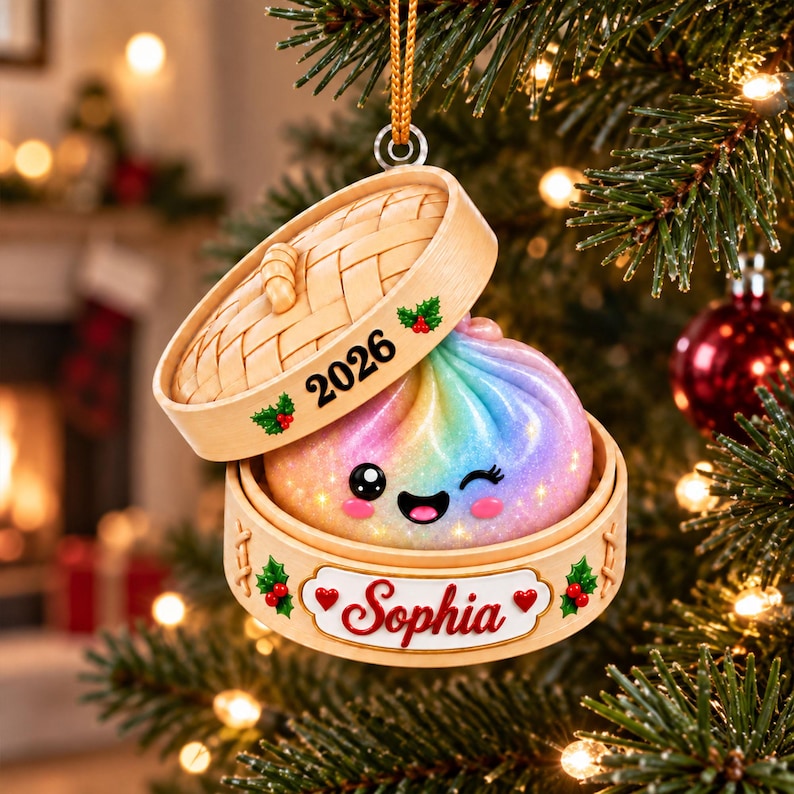 Personalized Squishy Dumpling Acrylic Ornament, Custom Name Glitter Dumpling Ornament, Family Christmas Keepsake