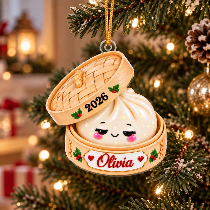 Personalized Squishy Dumpling Acrylic Ornament, Custom Name Glitter Dumpling Ornament, Family Christmas Keepsake