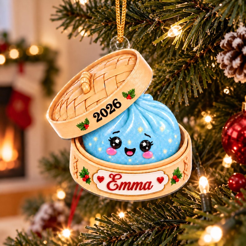 Personalized Squishy Dumpling Acrylic Ornament, Custom Name Glitter Dumpling Ornament, Family Christmas Keepsake