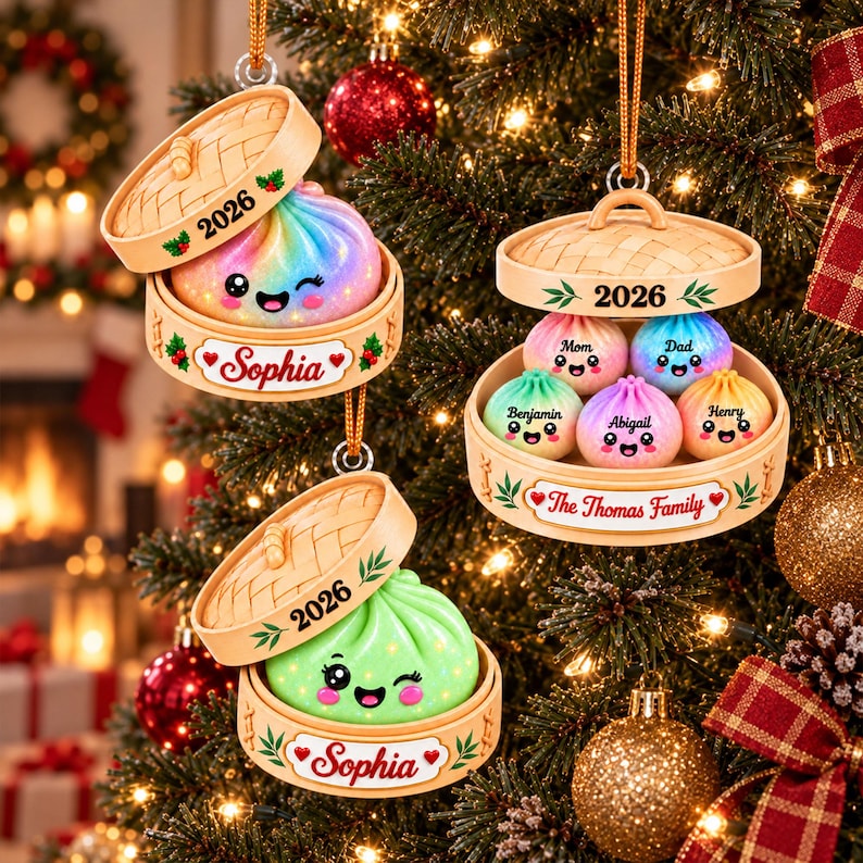 Personalized Squishy Dumpling Acrylic Ornament, Custom Name Glitter Dumpling Ornament, Family Christmas Keepsake