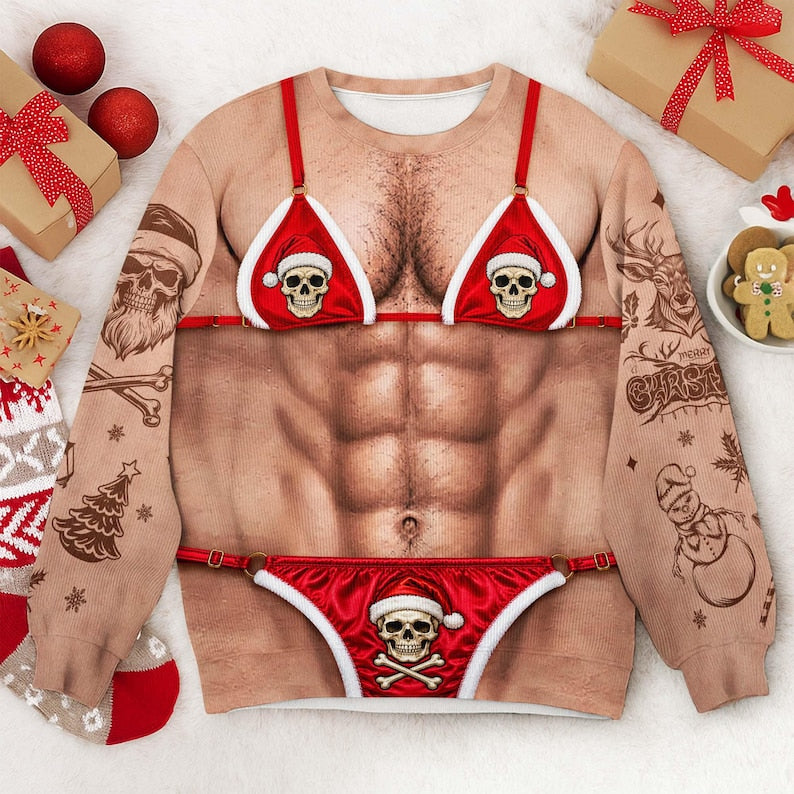 Funny Christmas Ugly Sweater, Santa Bikini Skull Sweater, Hairy Chest Xmas Shirt, Adult Humor Christmas Party Gift for Men
