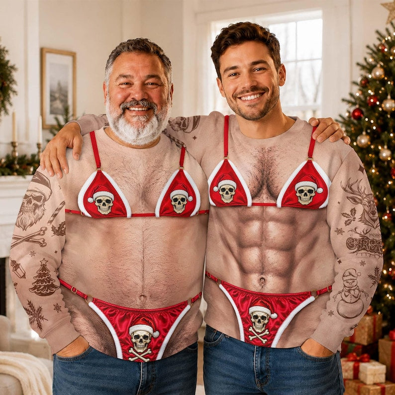 Funny Christmas Ugly Sweater, Santa Bikini Skull Sweater, Hairy Chest Xmas Shirt, Adult Humor Christmas Party Gift for Men