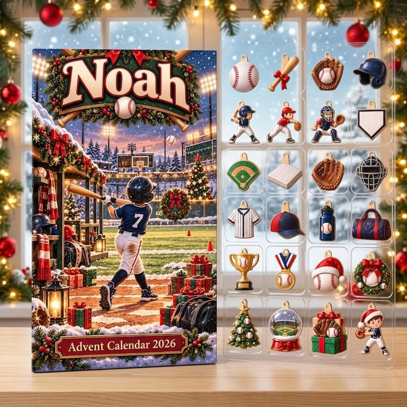 Personalized Baseball Advent Calendar 2026, 24 Sports Charms, Custom Name Christmas Countdown Gift