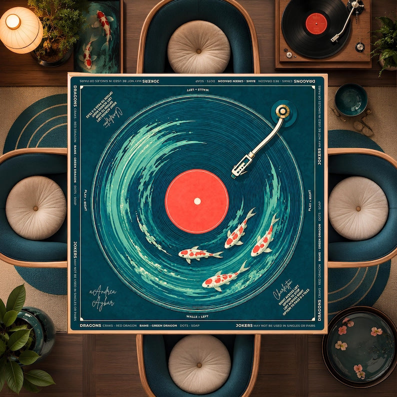 Koi Fish Vinyl Record Mahjong Mat, Japanese Pond Mahjong Table Cover, Charleston Rules Game Mat, Non Slip Table Cover
