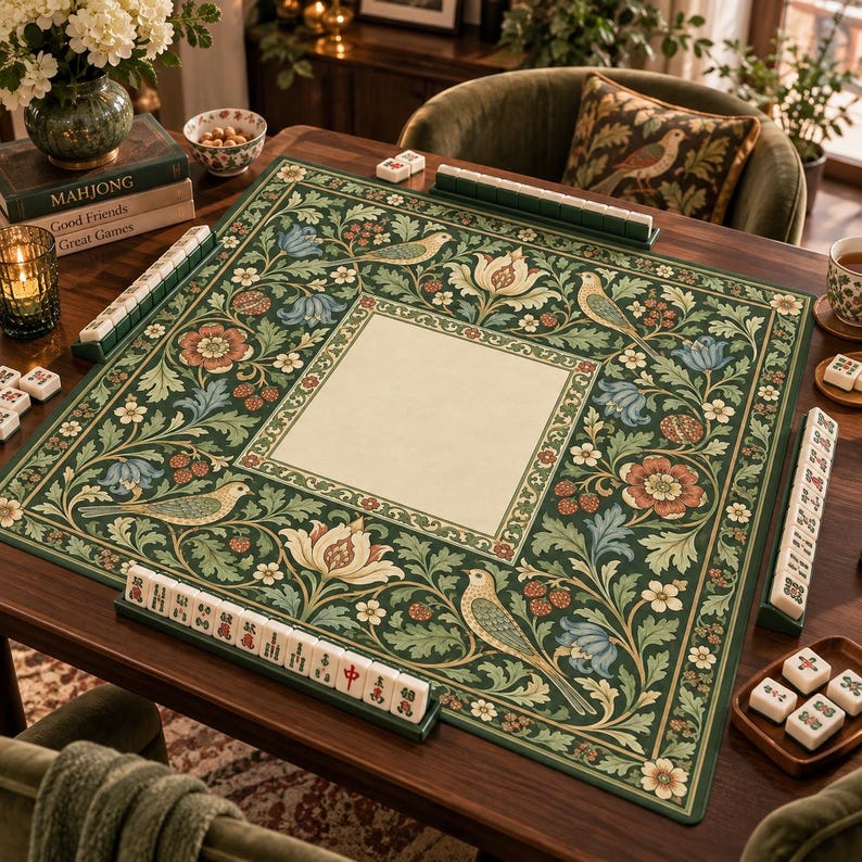 William Morris Inspired Mahjong Mat, Green Botanical Bird and Floral American Mahjong Table Mat, Vintage Game Night Gift