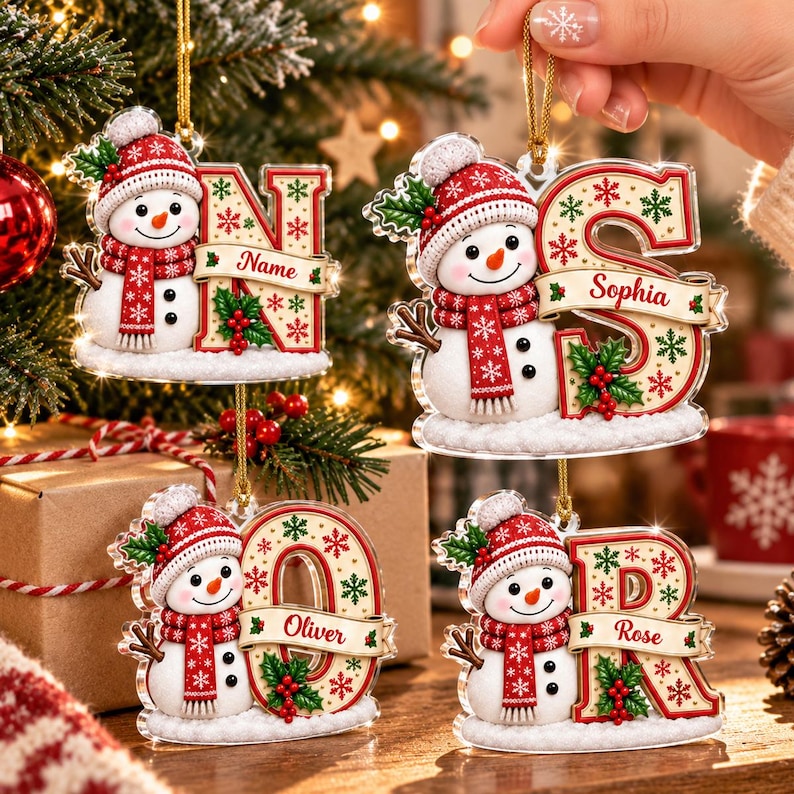 Custom Snowman Initial Christmas Ornament, Personalized Letter Name Bauble, Custom Alphabet Tree Decoration