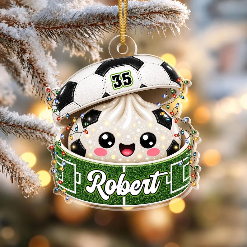 Personalized Soccer Dumpling Ornament, Custom Name & Number, Glitter Kawaii Keepsake