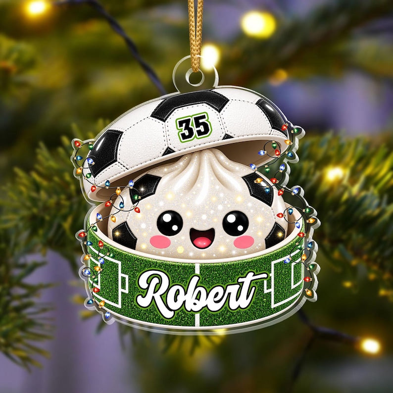 Personalized Soccer Dumpling Ornament, Custom Name & Number, Glitter Kawaii Keepsake