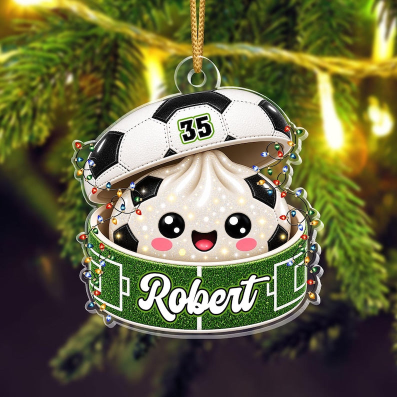 Personalized Soccer Dumpling Ornament, Custom Name & Number, Glitter Kawaii Keepsake