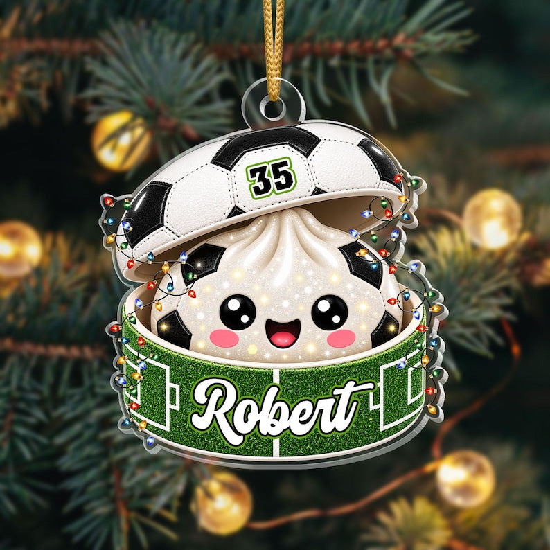 Personalized Soccer Dumpling Ornament, Custom Name & Number, Glitter Kawaii Keepsake