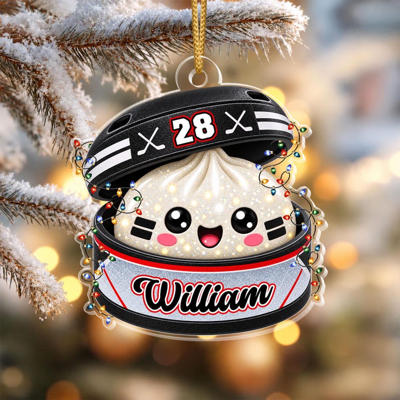 Personalized Hockey Dumpling Ornament, Custom Name & Number, Glitter Christmas Keepsake