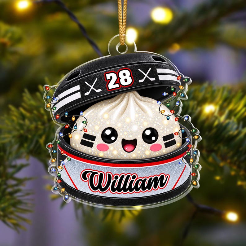 Personalized Hockey Dumpling Ornament, Custom Name & Number, Glitter Christmas Keepsake