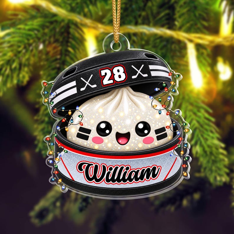 Personalized Hockey Dumpling Ornament, Custom Name & Number, Glitter Christmas Keepsake
