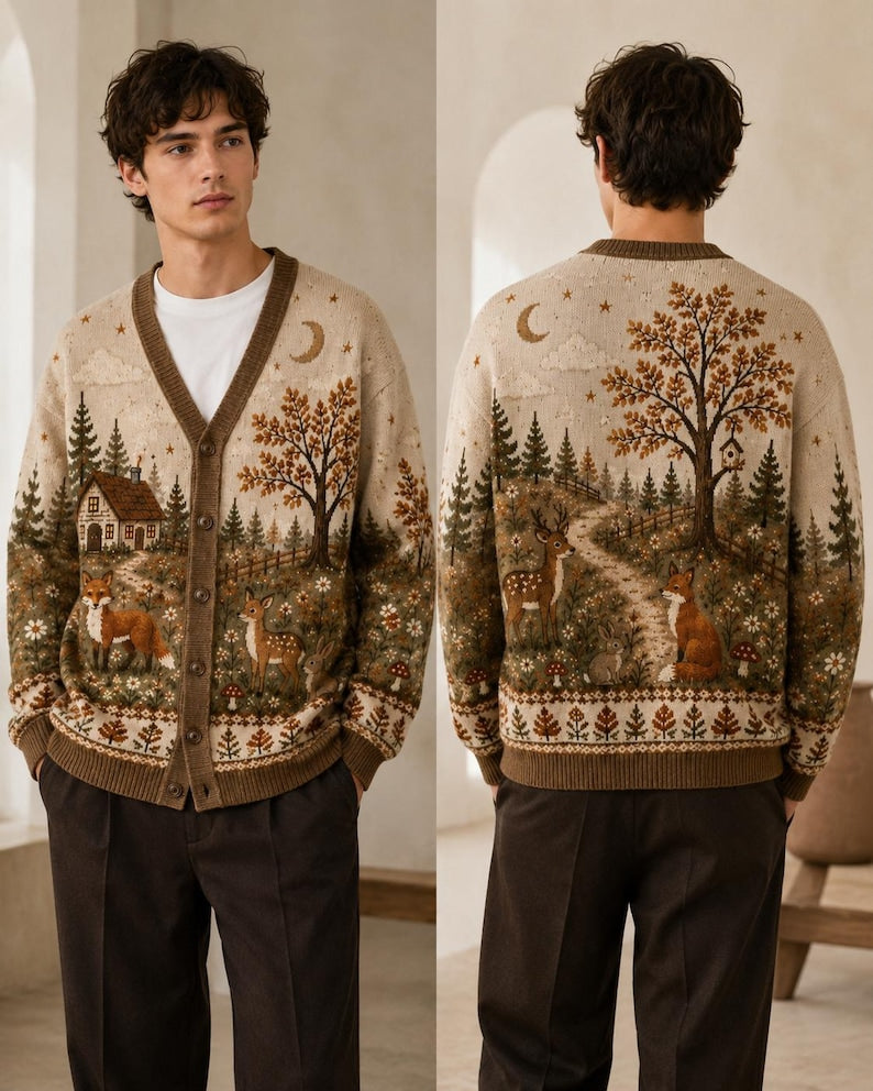 Women’s Woodland Cardigan, Fox Deer Knit Sweater, Autumn Forest Cottagecore Cardigan, Cozy Nature Animal Sweater