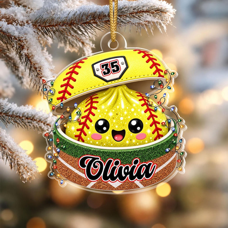 Personalized Softball Dumpling Ornament, Custom Name & Number, Glitter Christmas Keepsake