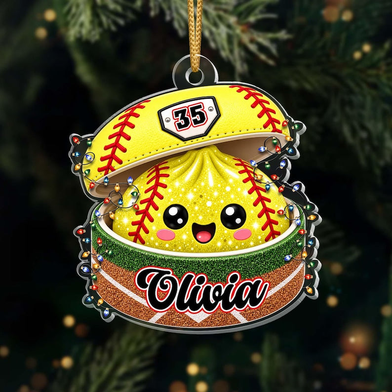 Personalized Softball Dumpling Ornament, Custom Name & Number, Glitter Christmas Keepsake