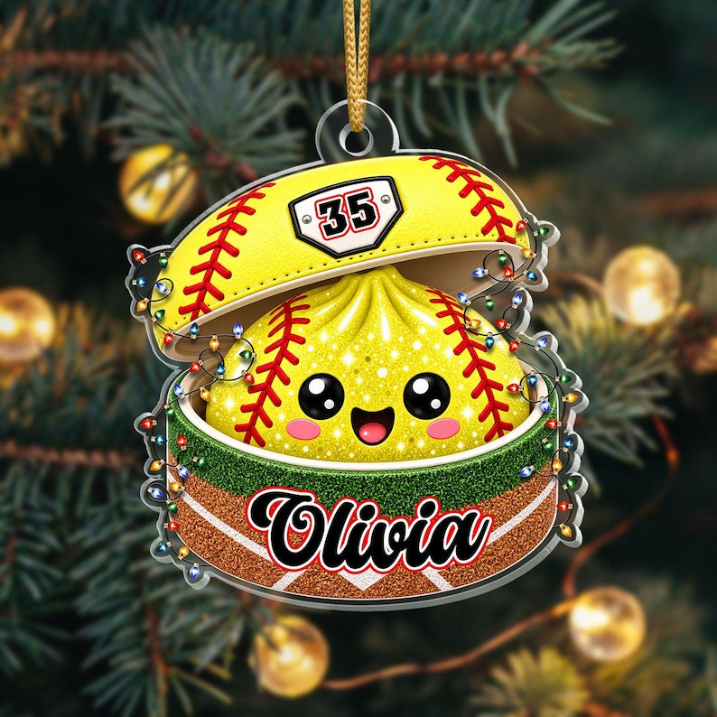 Personalized Softball Dumpling Ornament, Custom Name & Number, Glitter Christmas Keepsake