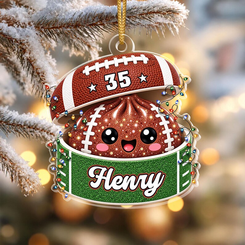 Personalized Football Dumpling Ornament, Custom Name & Number, Glitter Christmas Keepsake