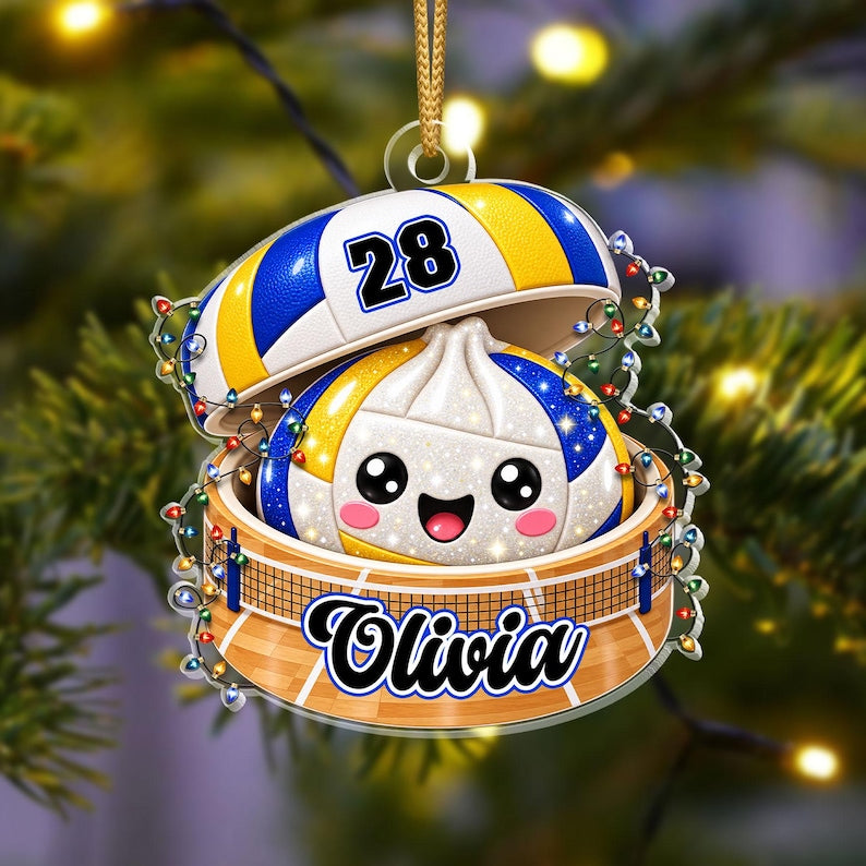 Personalized Volleyball Dumpling Ornament, Custom Name & Number, Glitter Christmas Keepsake