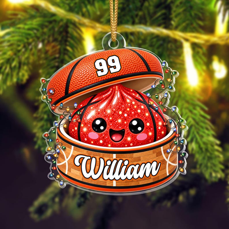 Personalized Basketball Squishy Ornament, Custom Name & Number, Glitter Dumpling Christmas Gift
