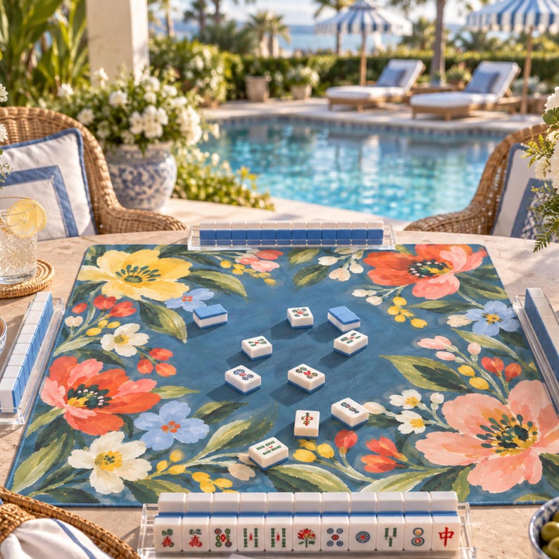 Coral Poppy Mahjong Mat, American Mahjong Mat, Blue Wildflower Forget Me Not Garden Table Cover