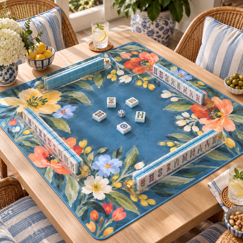 Coral Poppy Mahjong Mat, American Mahjong Mat, Blue Wildflower Forget Me Not Garden Table Cover