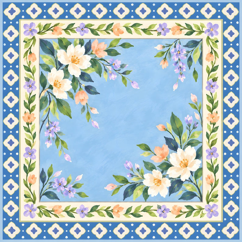 Blue Floral Mahjong Mat, Grandmillennial American Mahjong Mat, White Blossom Garden, Lavender Peach Flowers