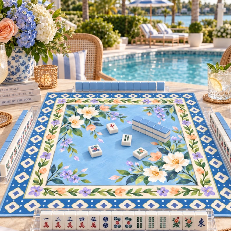 Blue Floral Mahjong Mat, Grandmillennial American Mahjong Mat, White Blossom Garden, Lavender Peach Flowers