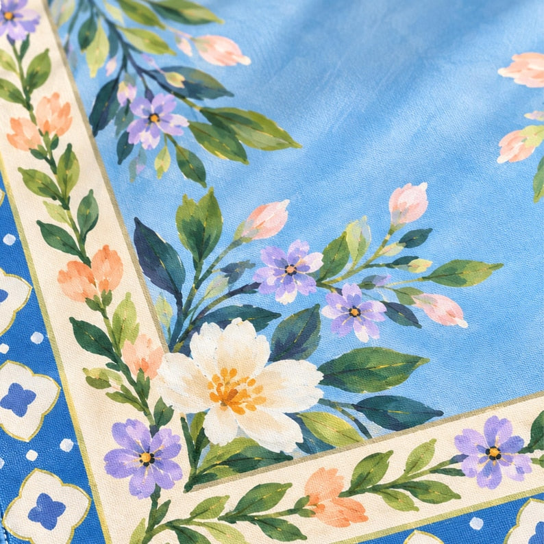 Blue Floral Mahjong Mat, Grandmillennial American Mahjong Mat, White Blossom Garden, Lavender Peach Flowers