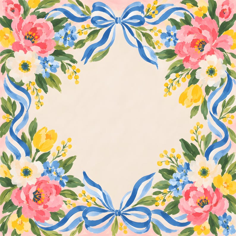 Blue Ribbon Bow Mahjong Mat, Peach Peony Floral Grandmillennial Playmat, American Mahjong Game Night Gift
